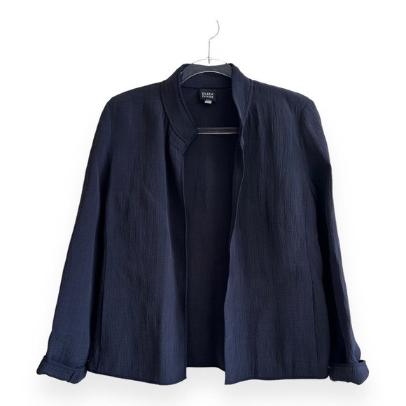 Eileen Fisher Navy Open Front Collared Blazer Cardigan Crepe Silk Size Small - Picture 1 of 8